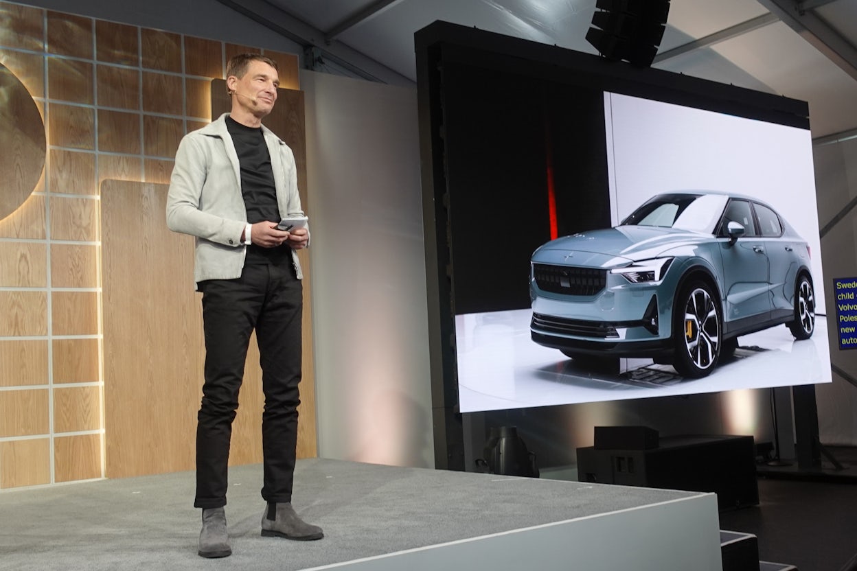 Thomas Ingenlath on stage presenting the Polestar 2.