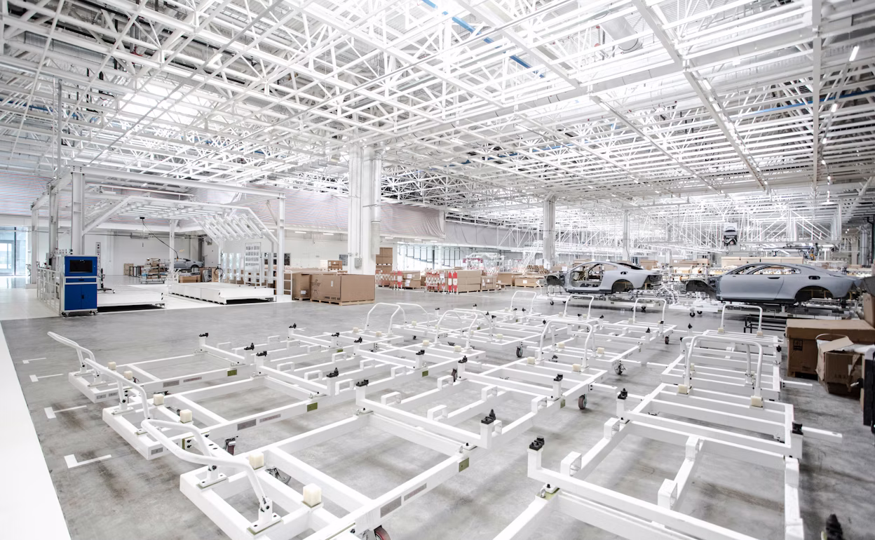 Three Polestar chassis on the production floor at the Polestar Production Centre in Chengdu, China.