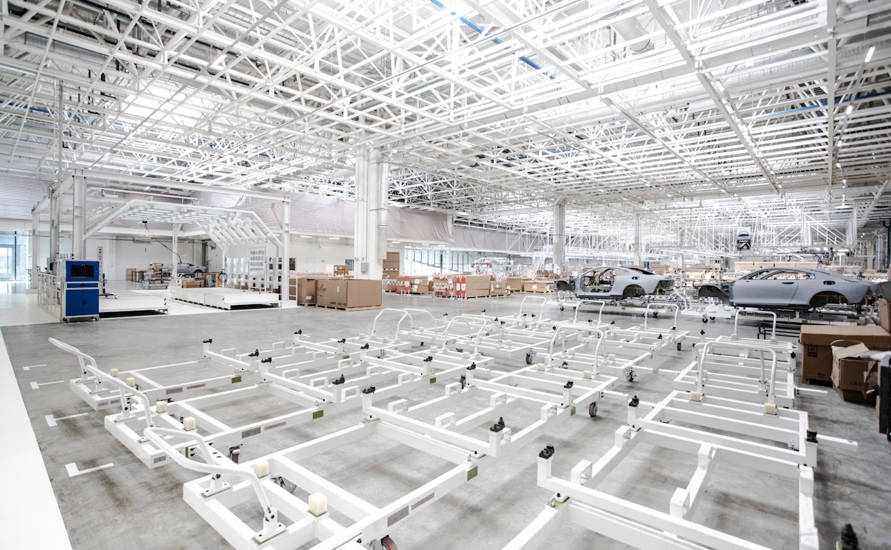 Three Polestar chassis on the production floor at the Polestar Production Centre in Chengdu, China.