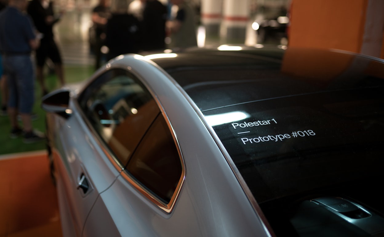 Close-up of the text Polestar 1 Prototype #018 on the rear of a Polestar car.
