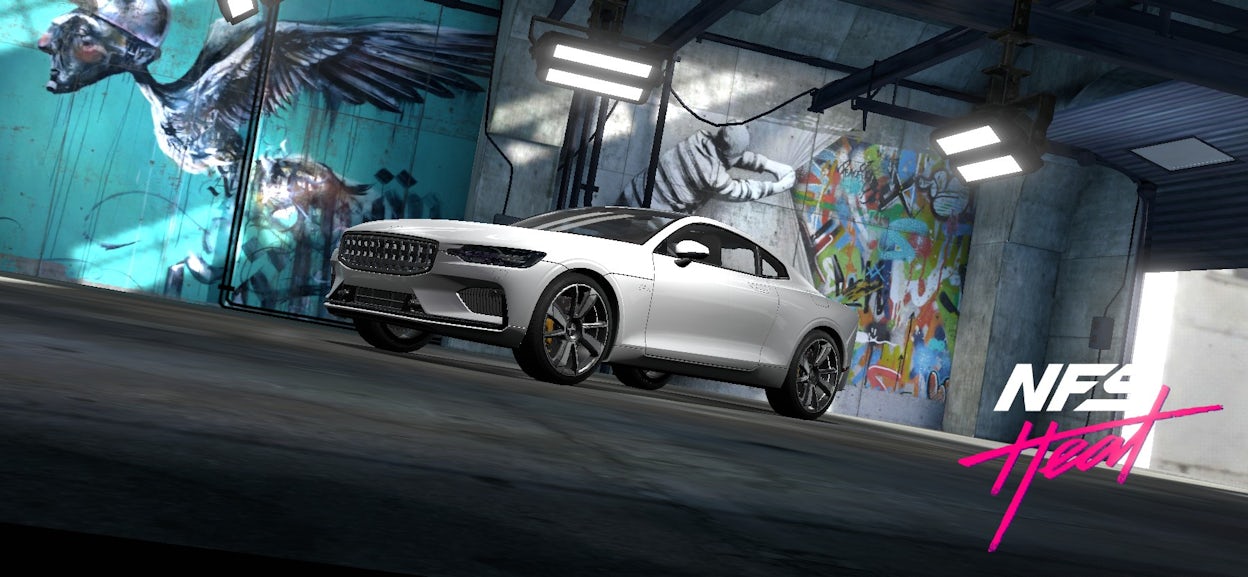 Animation of a white Polestar in a concrete garage with street art and the NFS Heat logo.