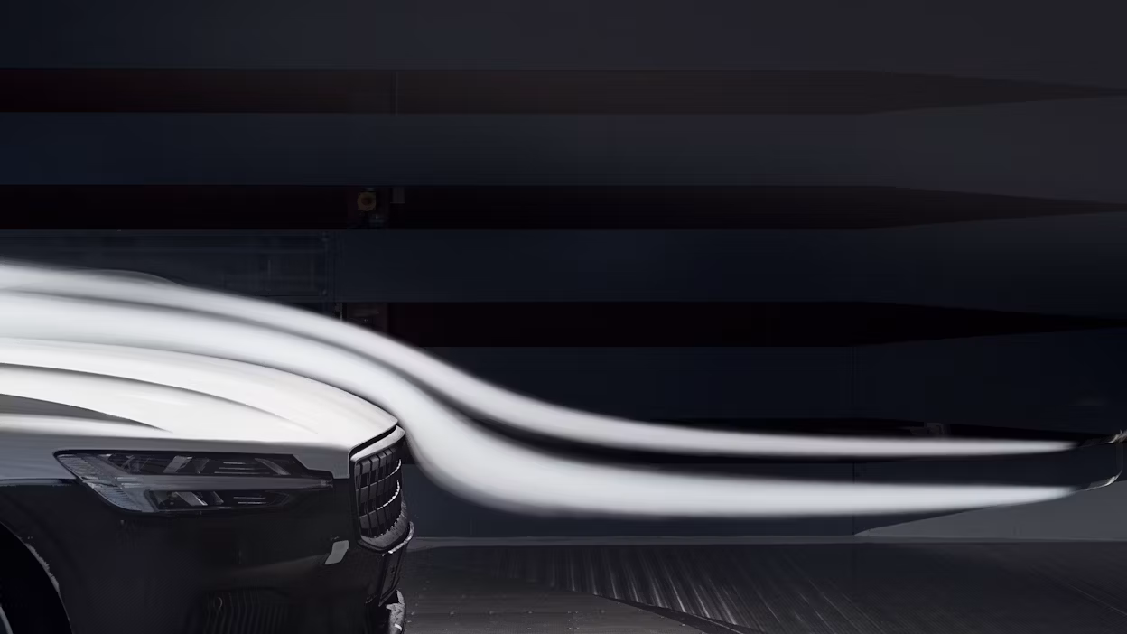 Front of a Polestar 1 in a wind tunnel.