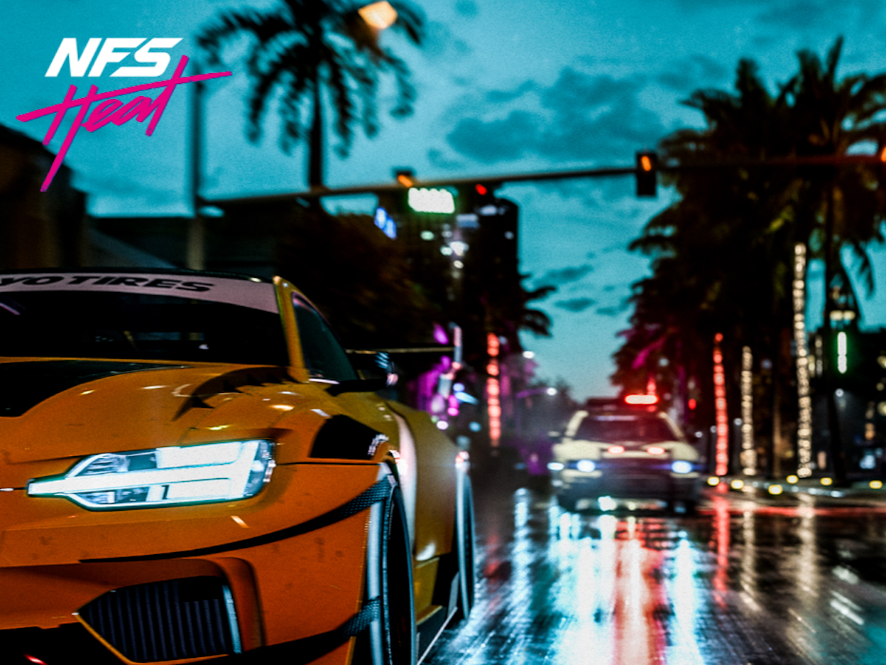 NFS Heat video game poster showcasing a race car and a police car in an atmospheric evening setting with palm trees.