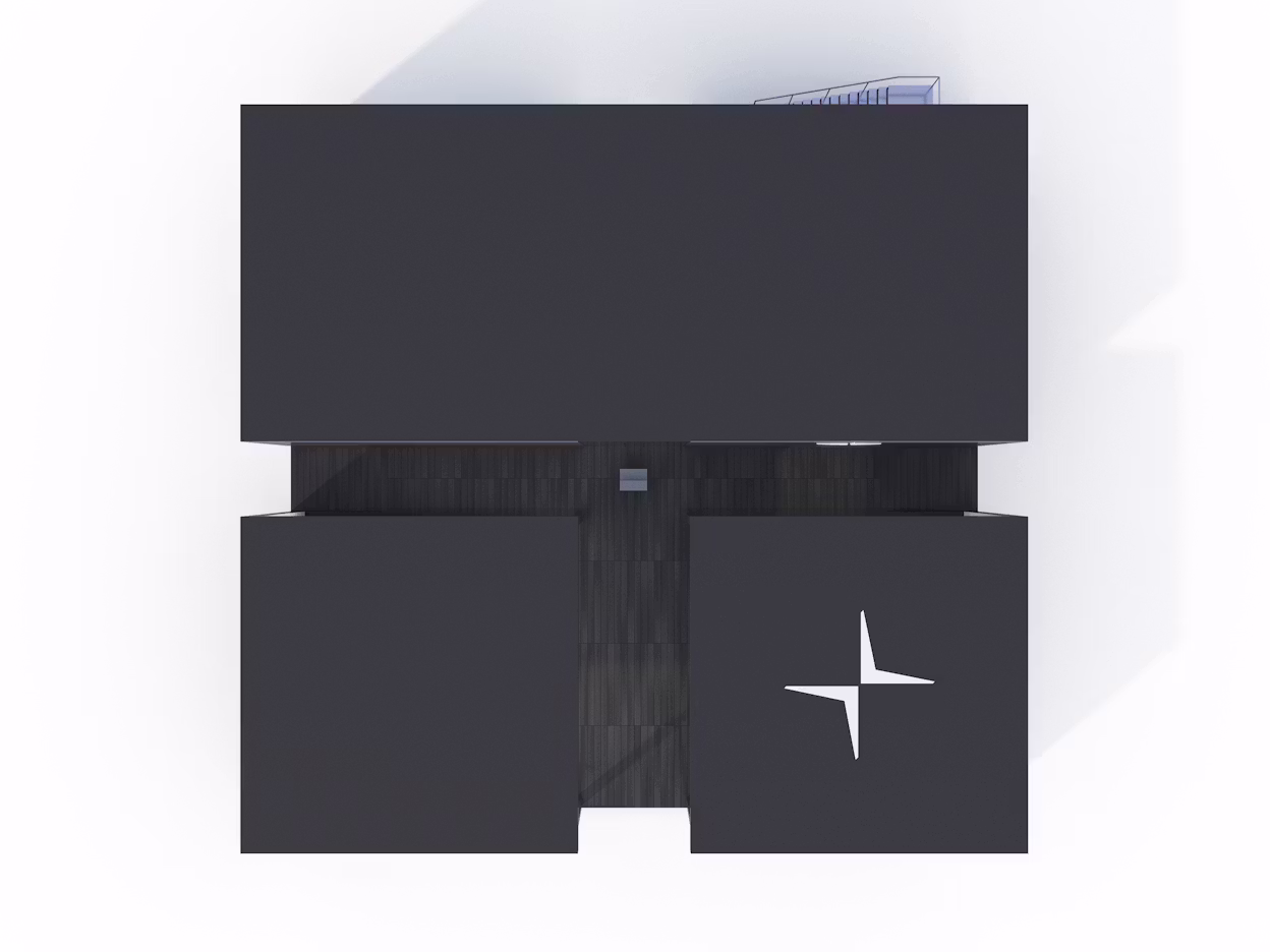 Bird's-eye view of a Polestar display with the Polestar logo on the roof.