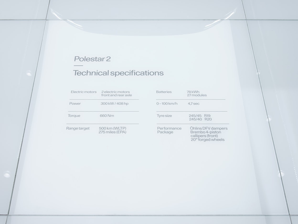 Polestar 2 Technical specifications written on a white surface