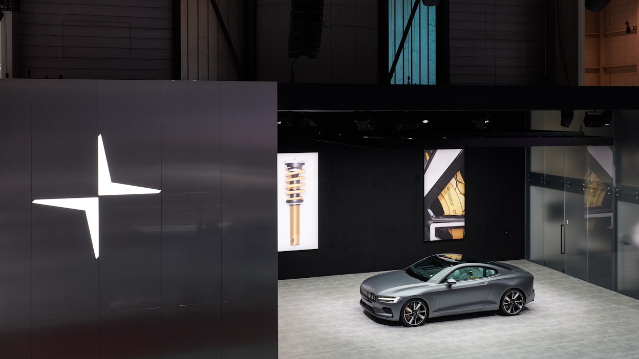 A grey Polestar in the Polestar stand at the Geneva International Motor Show 2018