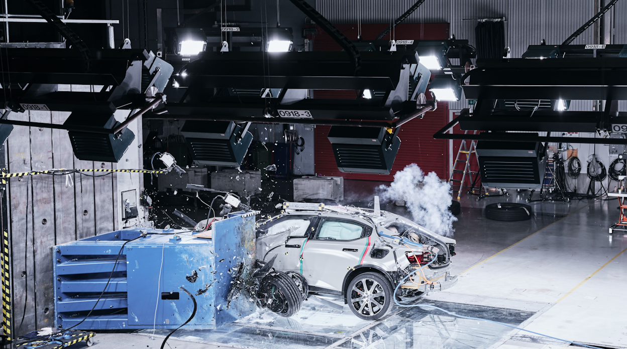 Crash test of a Polestar car inside a warehouse.