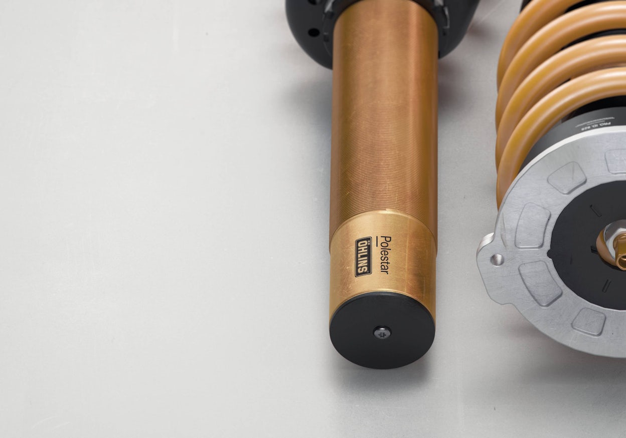 Close-up of Öhlins adjustable Dual Flow Valve dampers.