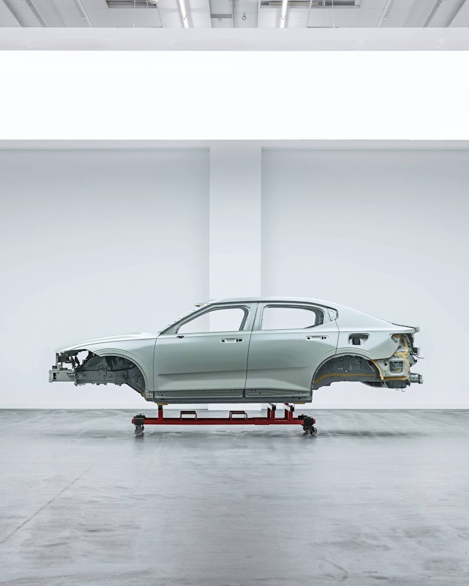 The outer shell of Polestar 2 without tires and interior parts