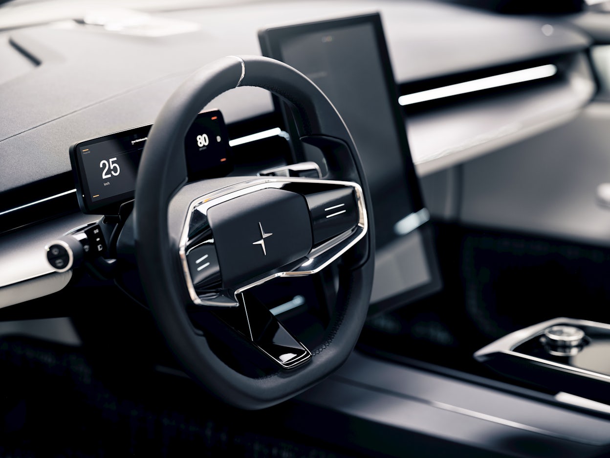 Close-up of the steering wheel in a Polestar Precept.