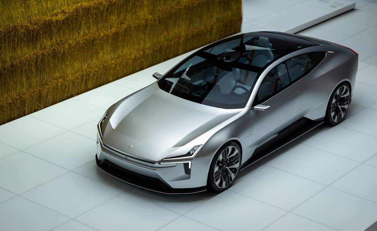 A silver Polestar Precept with panoramic roof.