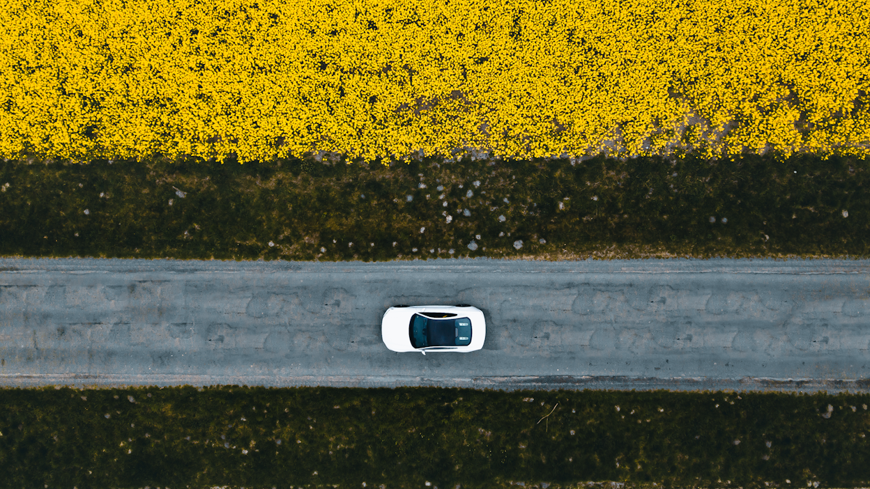 Bird's-eye view of a white Polestar on a road alongside a yellow field.