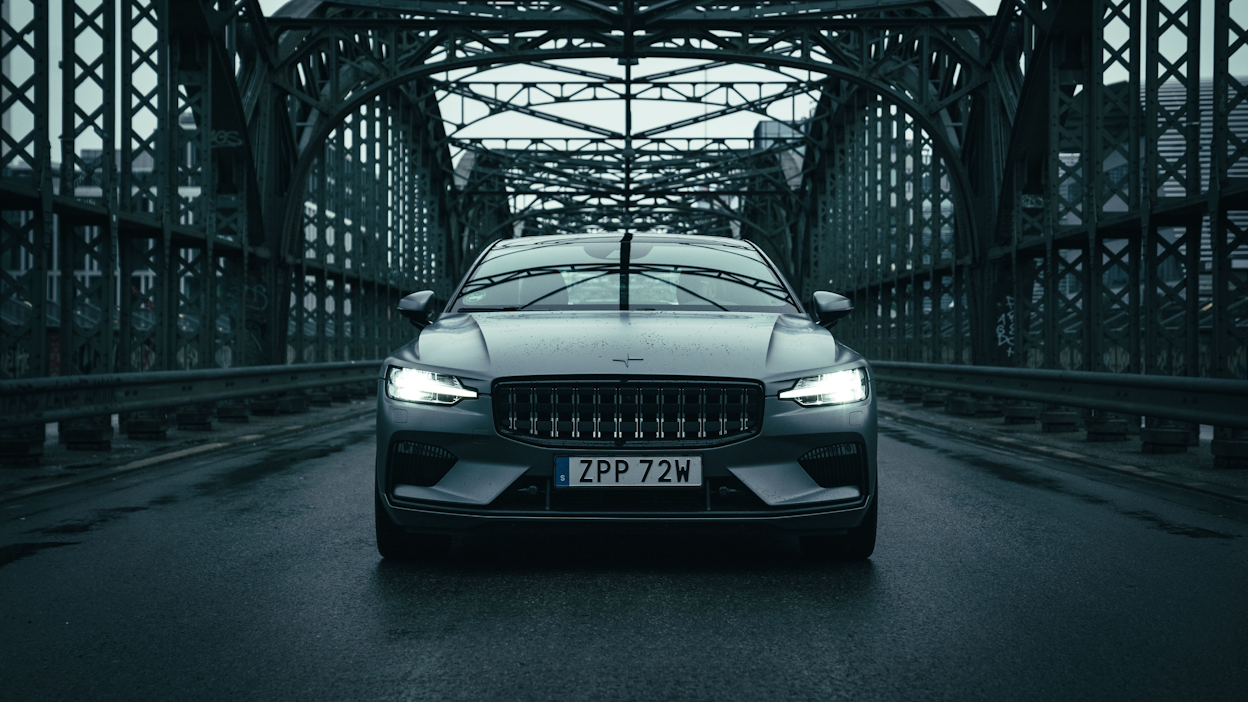Front view of a Polestar 1 on a bridge.
