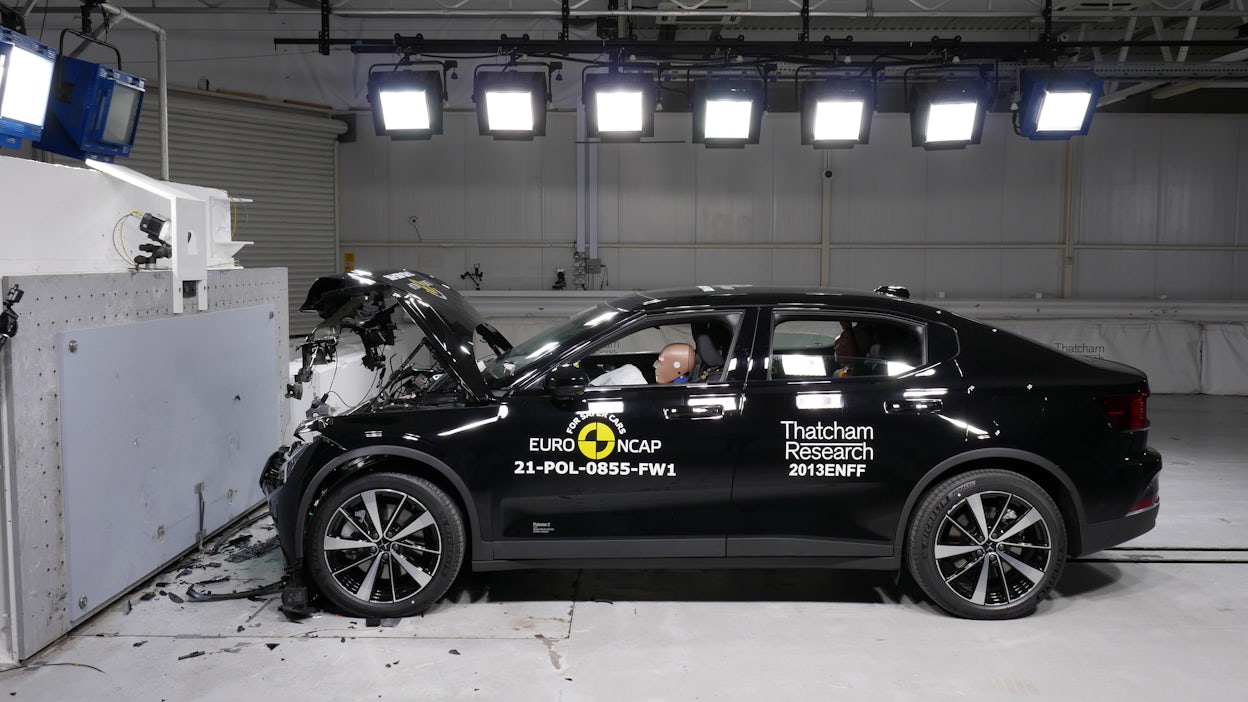 A crashed black Polestar 2 during the European New Car Assessment Programme.