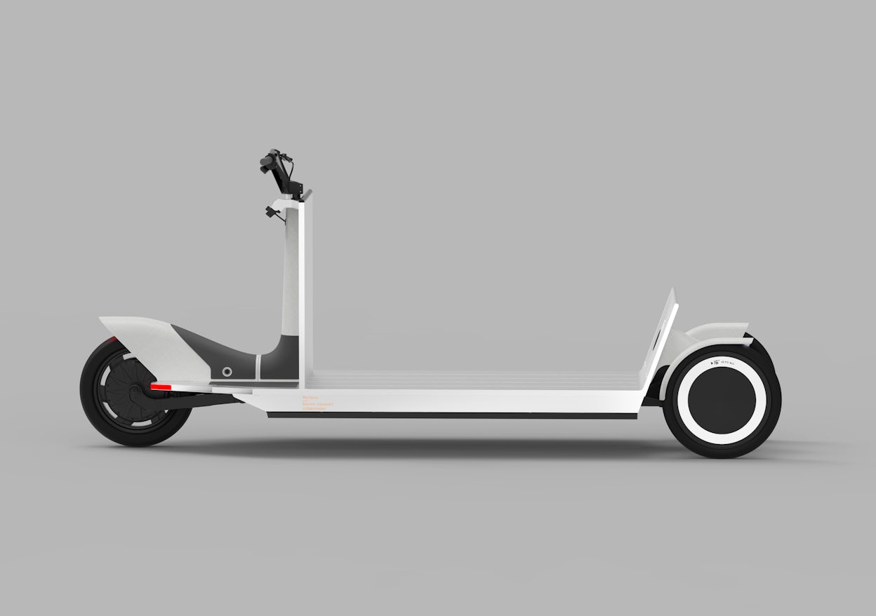 Elongated white electric bike with black wheels.