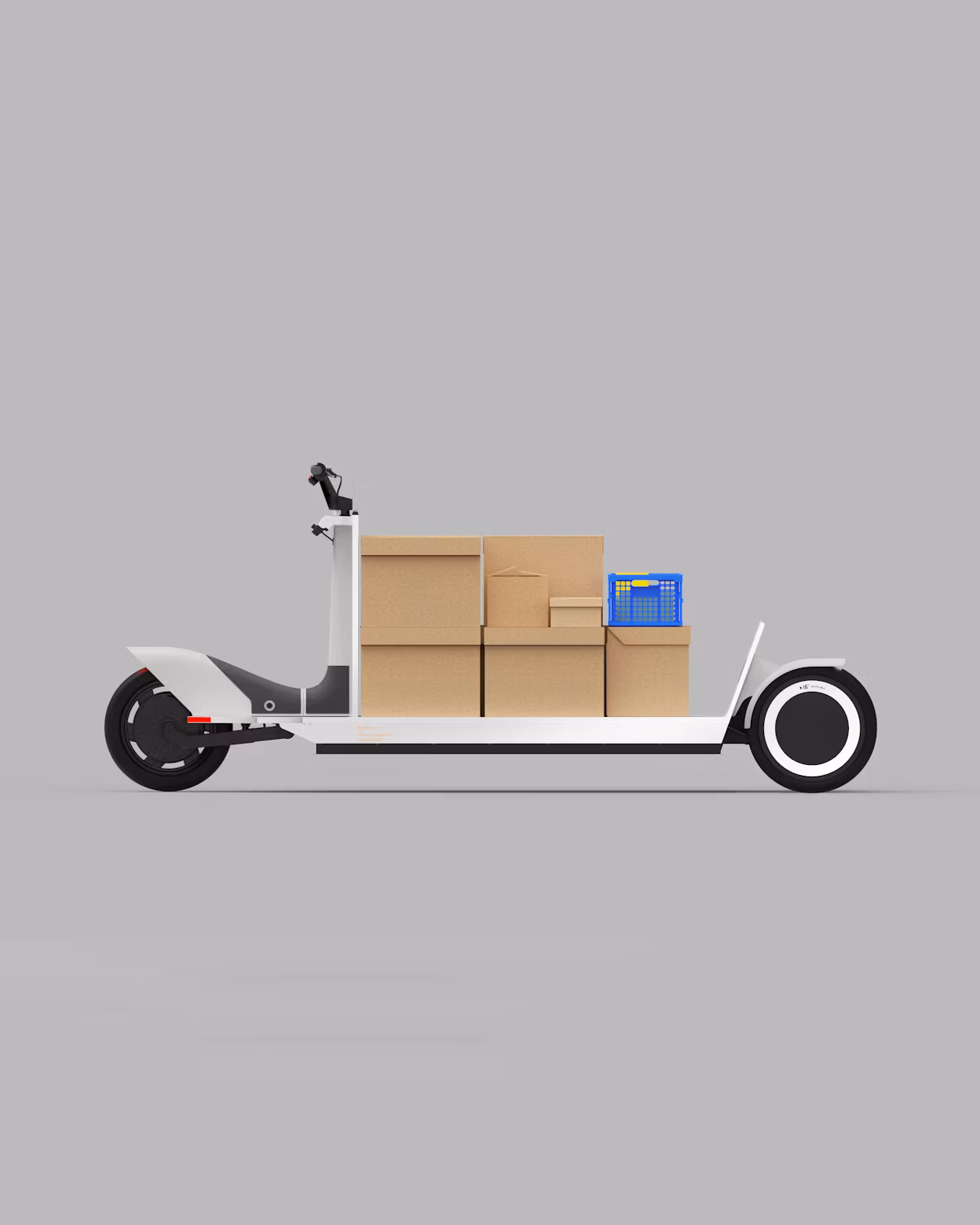 Cardboard boxes in different sizes placed on an elongated white electric bike.