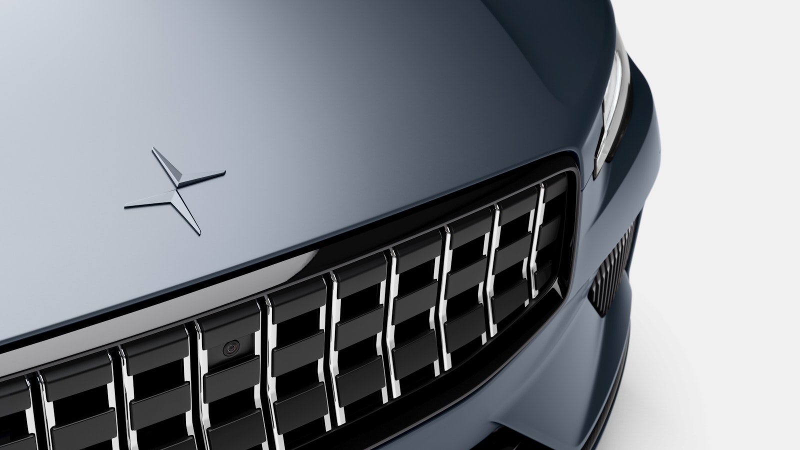 Grille of Polestar 1 with high gloss black frame and vertical strips in bright chrome