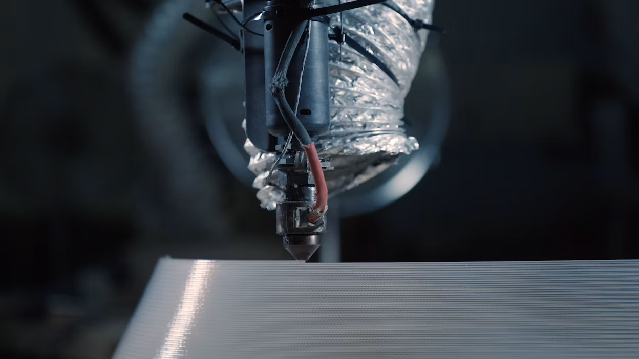 Close up of machine 3d printing the recycled-plastic blades of We Harvest Wind.