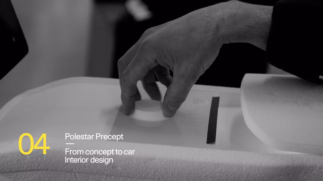 A screenshot from the Precept documentary series saying Polestar Precept, From concept to car, Interior design.