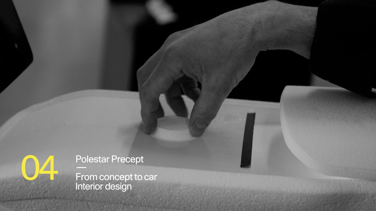 A screenshot from the Precept documentary series saying Polestar Precept, From concept to car, Interior design.