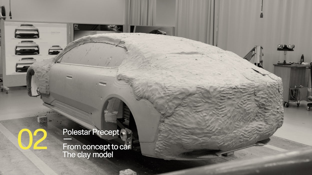 A screenshot from the Precept documentary series saying Polestar Precept, From concept to car, The clay model.