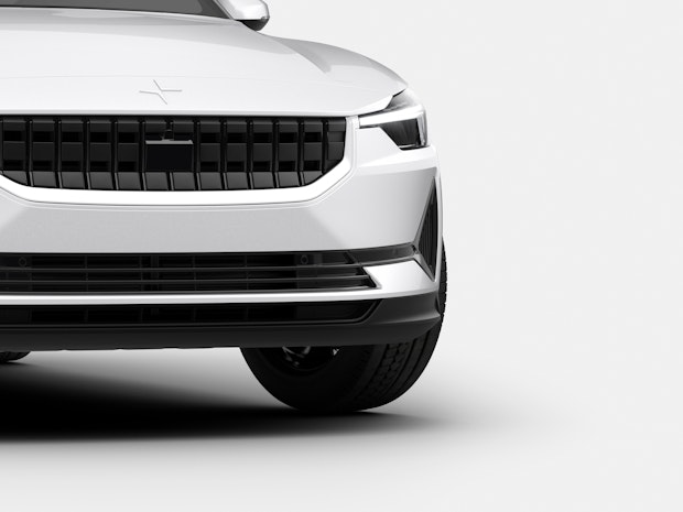 Close-up of the front of a white Polestar 2 