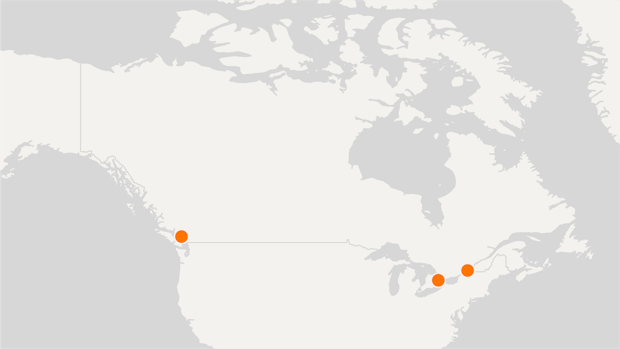 Map of Canada with Polestar locations indicated as orange dots