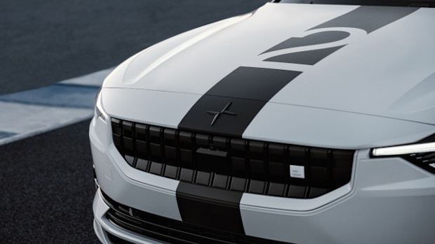 Front view of car hood with race stripe and the cut out for number 2