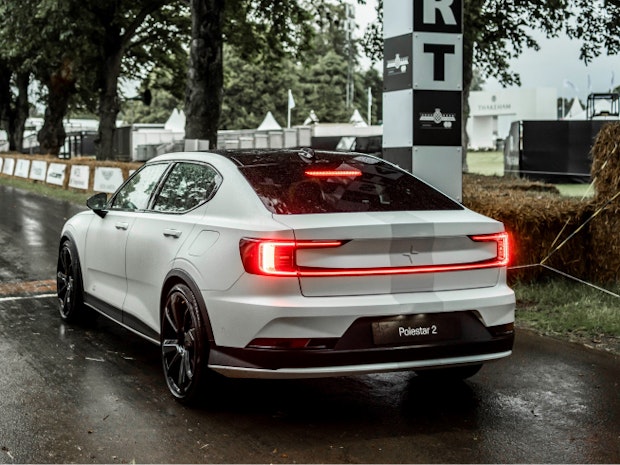 Polestar 2, BST edition, rear, side view on race gate.