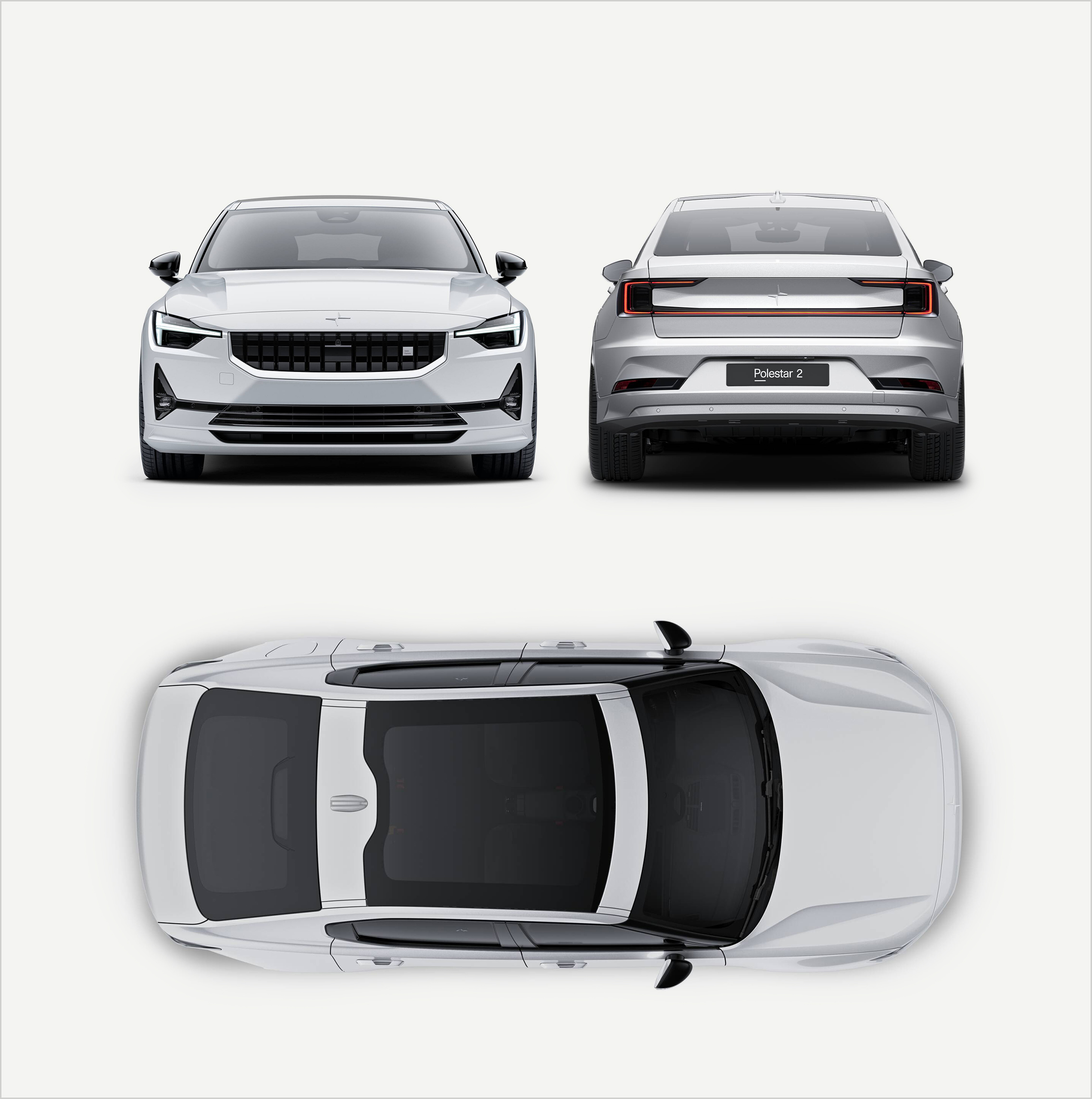 Polestar 2 BST edition 270 in colour Snow, rear, front and birds eye view