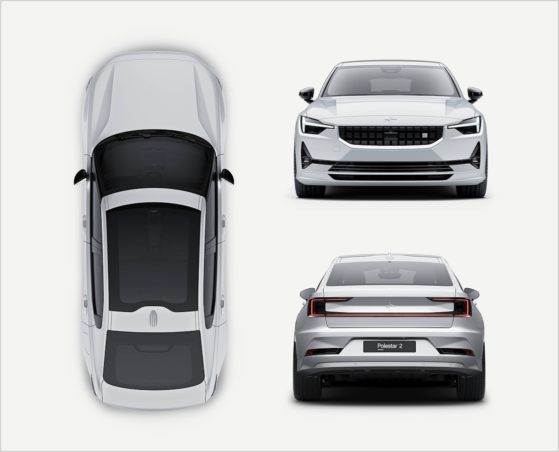 Polestar 2 BST edition 270 in colour Snow, rear, front and birds eye view