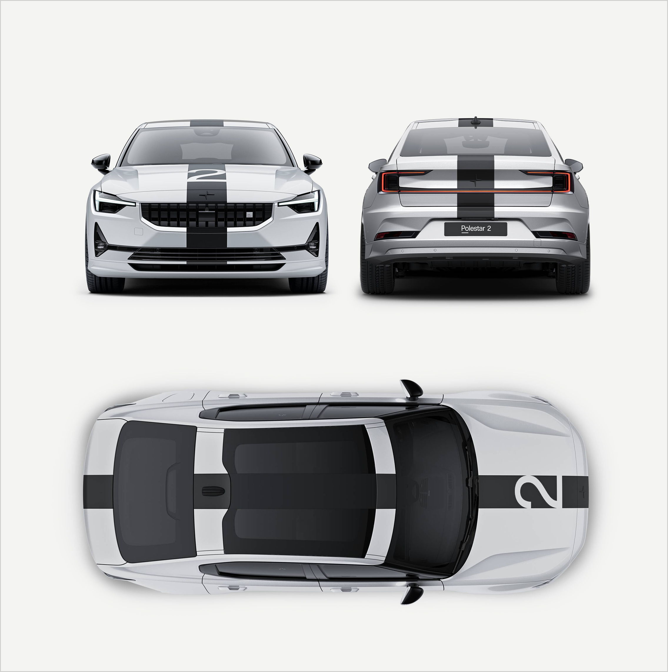 Polestar 2 BST edition 270 in colour Snow and race stripe adorned, rear, front and birds eye view