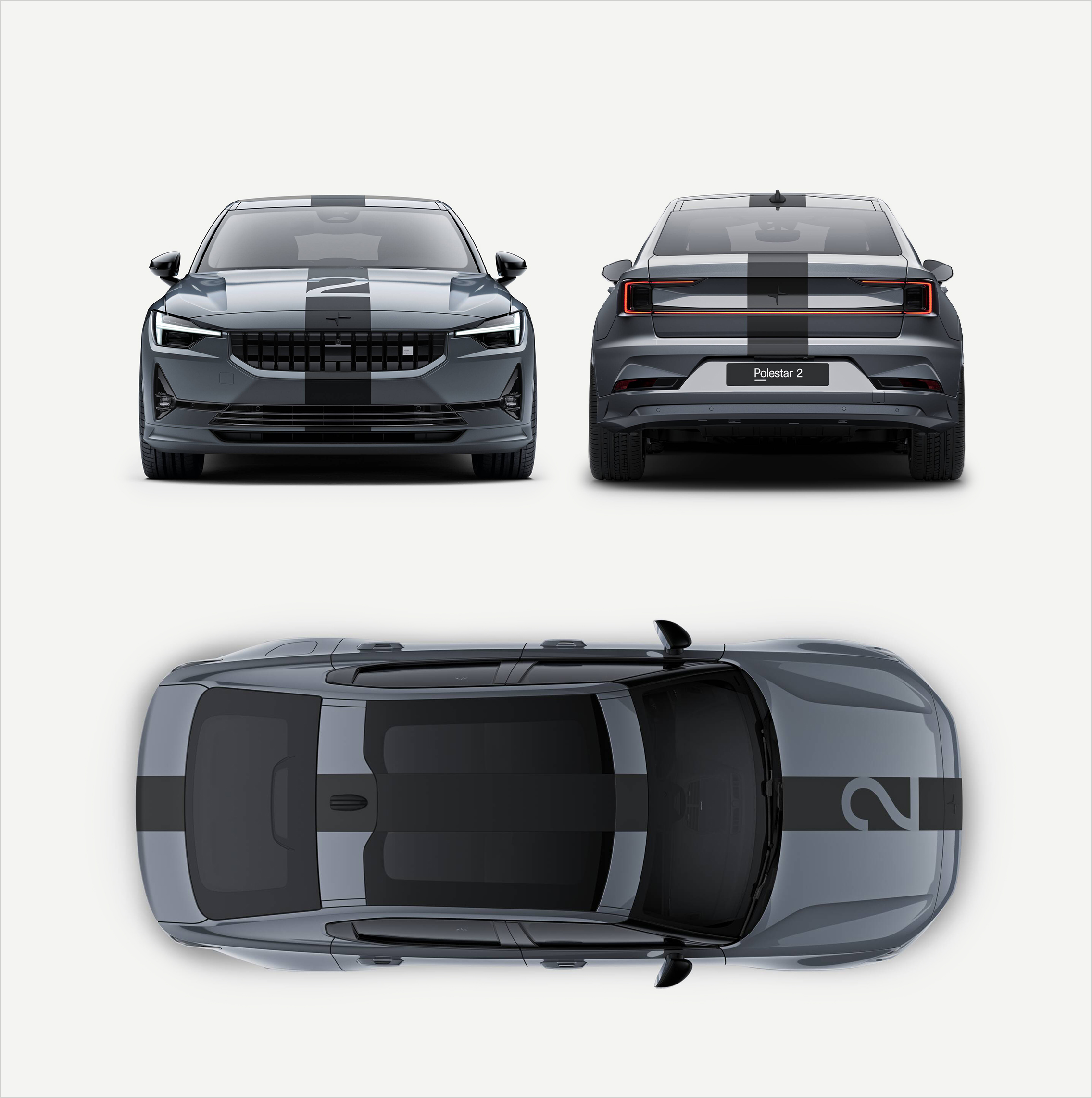 Polestar 2 BST edition 270 in colour Thunder and race stripe adorned, rear, front and birds eye view