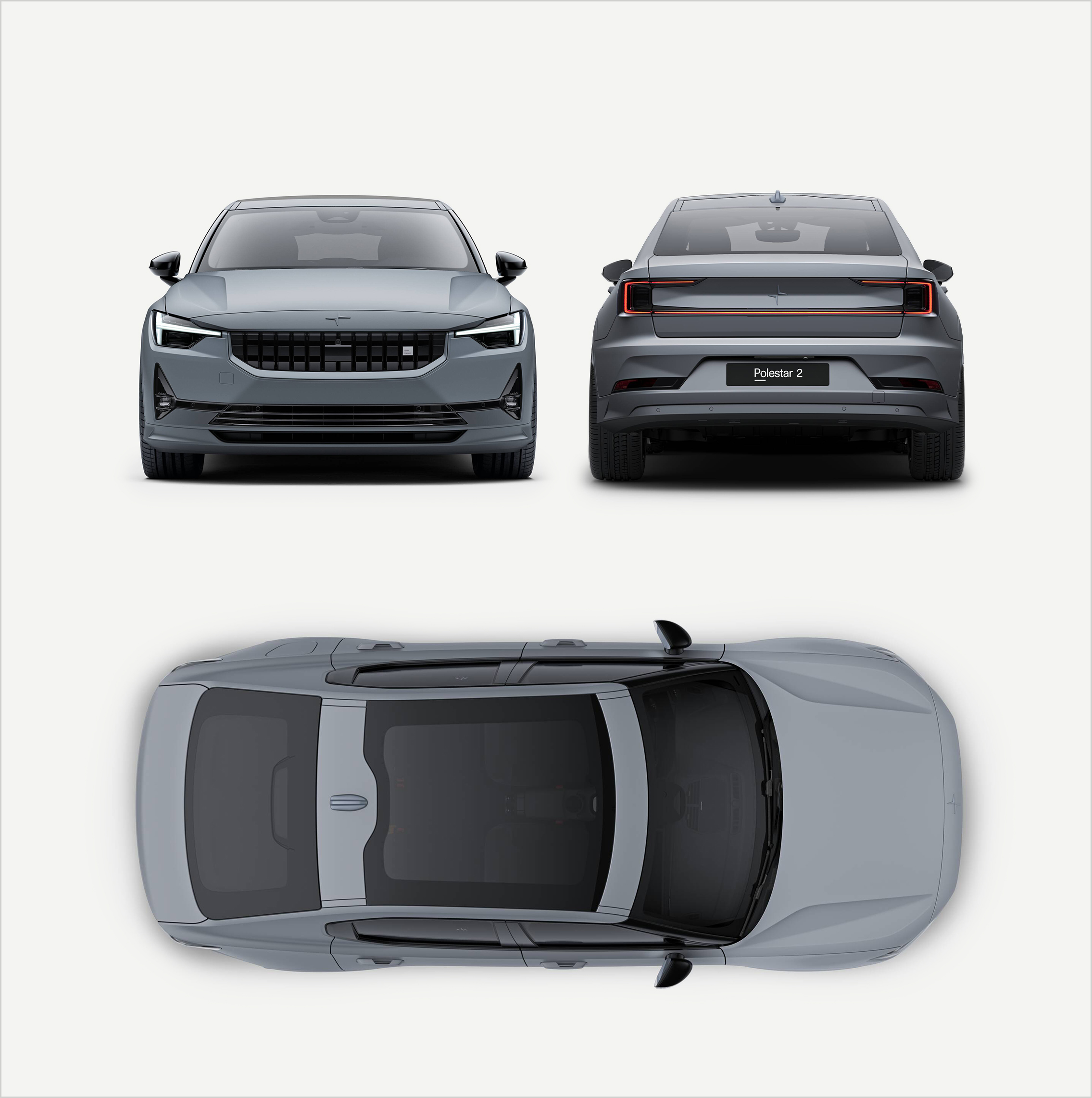 Polestar 2 BST edition 270 in 3M Battleship Gray™ wrap, rear, front and birds eye view