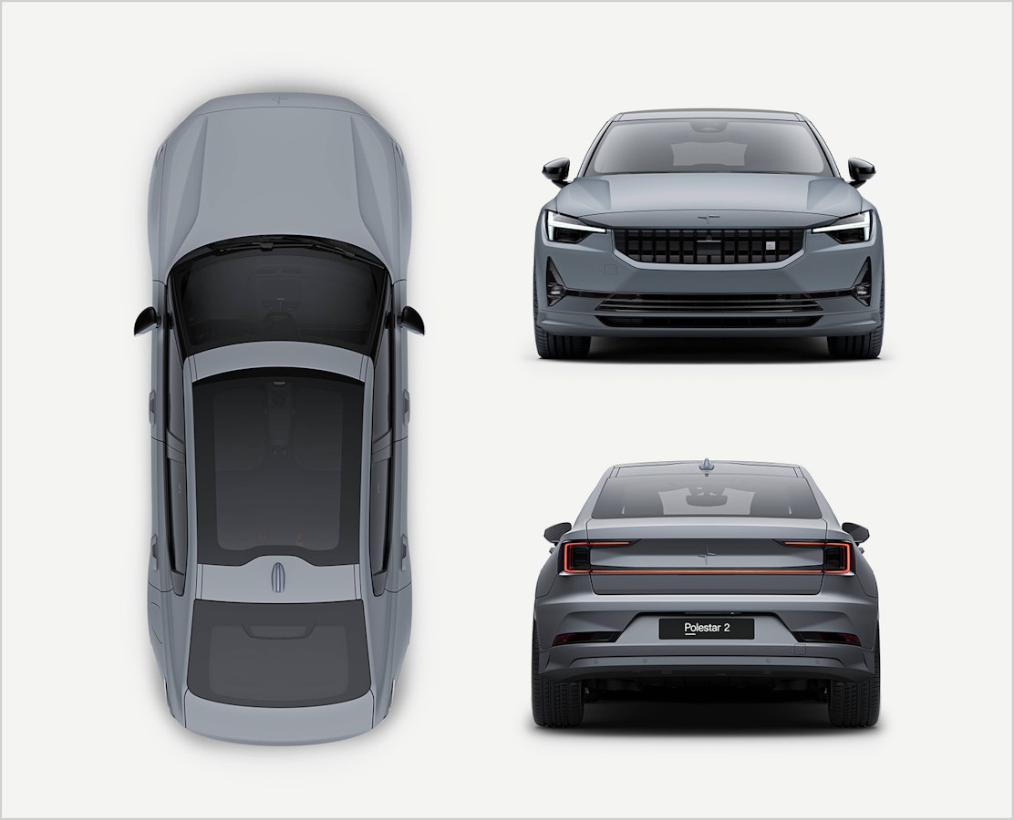 Polestar 2 BST edition 270 in 3M Battleship Gray™ wrap, rear, front and birds eye view