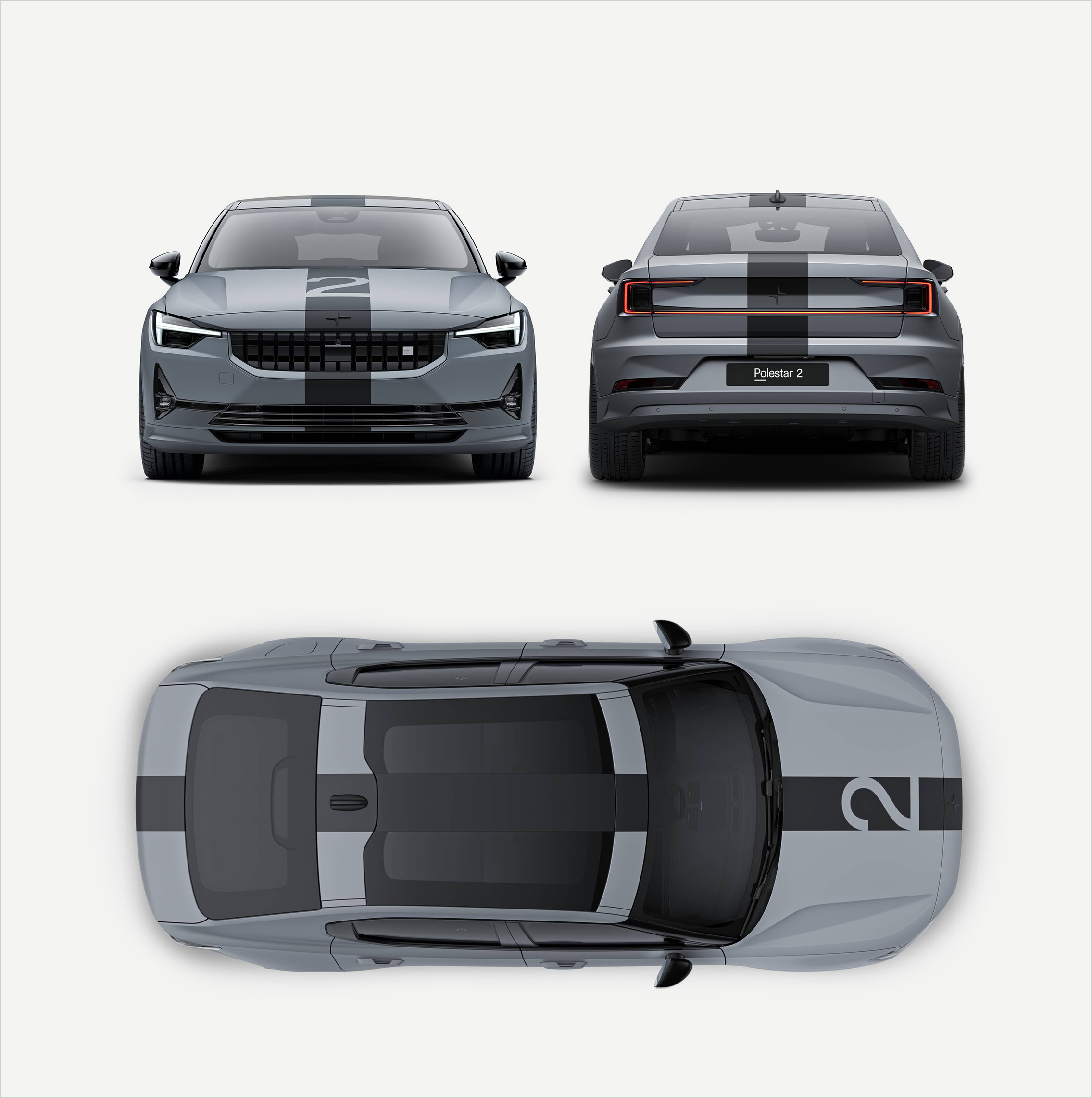 Polestar 2 BST edition 270 in 3M Battleship Gray™ wrap and race stripe adorned, rear, front and birds eye view