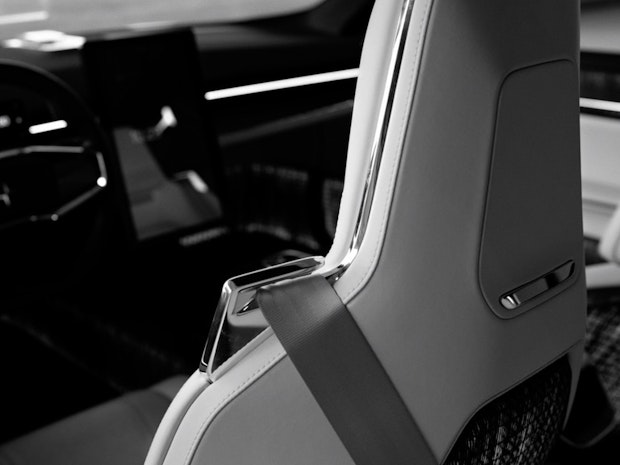 Black and white image of the interior in a Polestar Precept