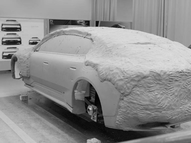 Black and white image of a Polestar Precept  clay model