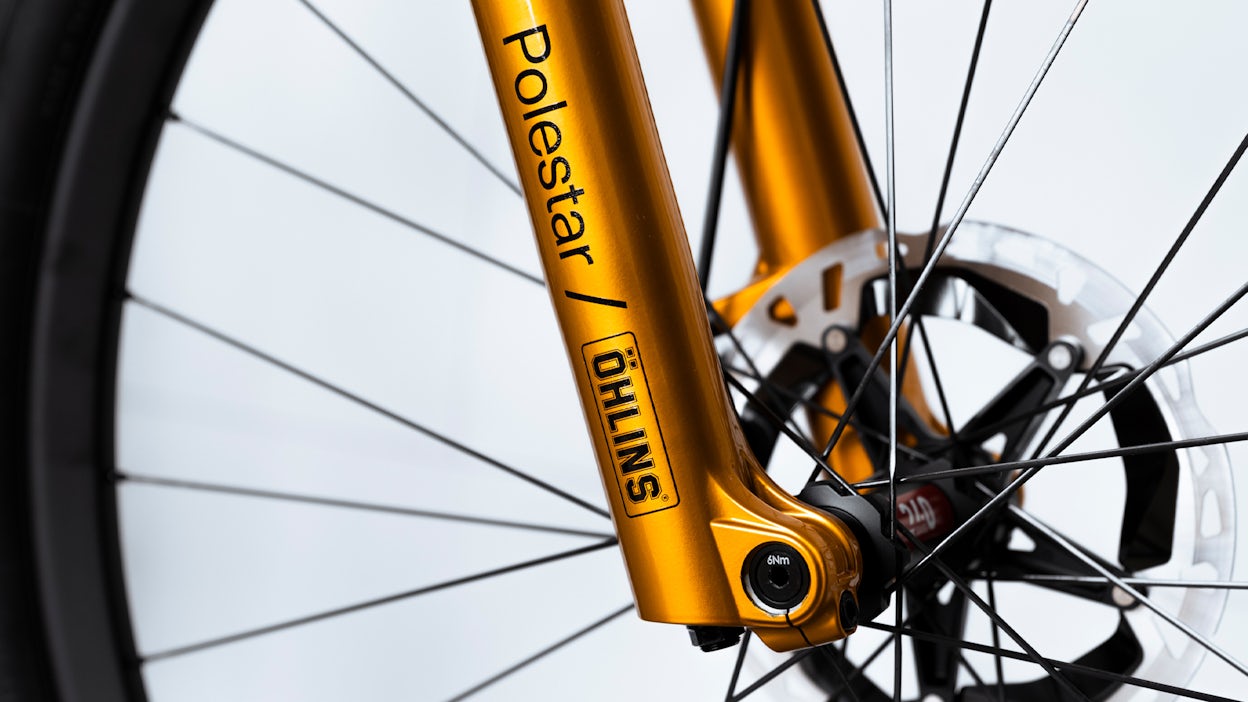 Golden dampers on mountain bike. 