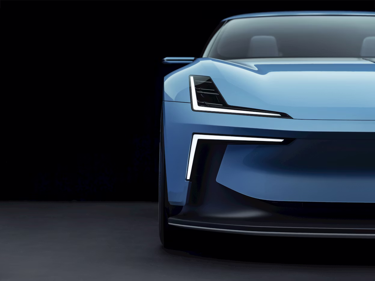 The headlights of Polestar O₂ as seen from the front.