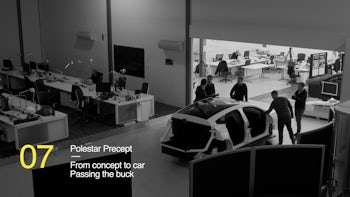 A screenshot from Polestar Precept: From concept to car ep.7 showcasing a buck in a production facility.
