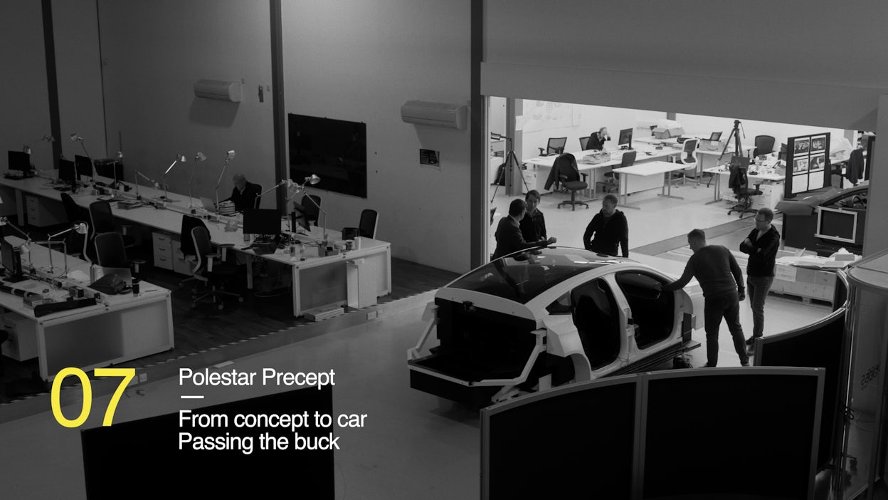 A screenshot from Polestar Precept: From concept to car ep.7 showcasing a buck in a production facility.