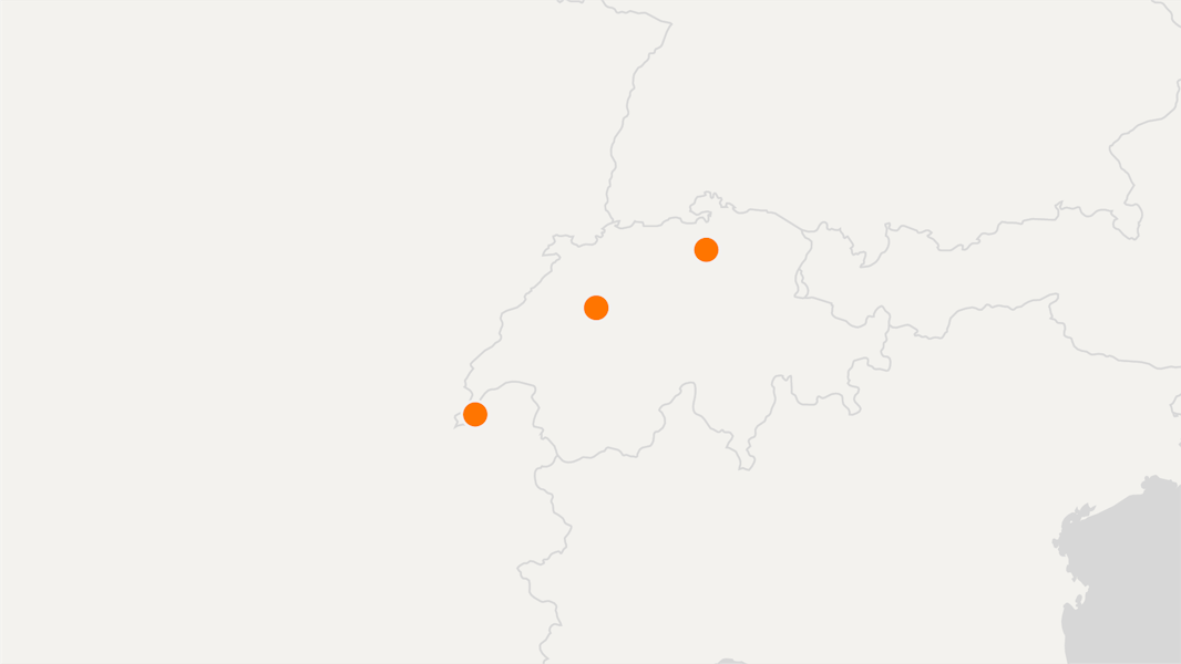 Map of Switzerland with Polestar locations indicated as orange dots