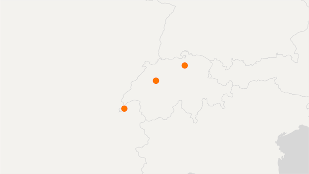 Map of Switzerland with Polestar locations indicated as orange dots