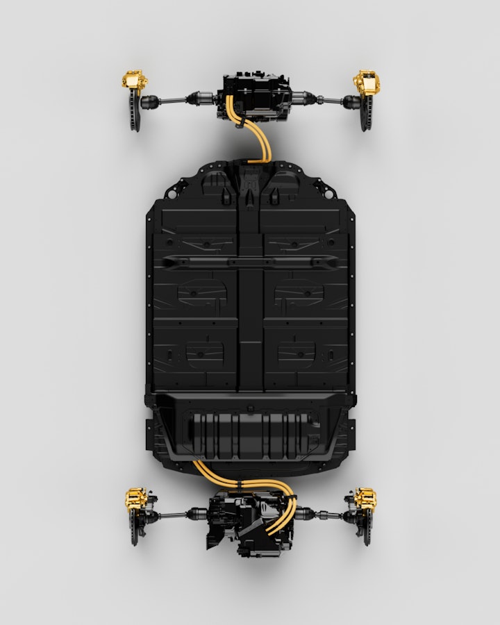 Polestar 3 technical overview of the platform of the car with the two motors in place. 3D representation.