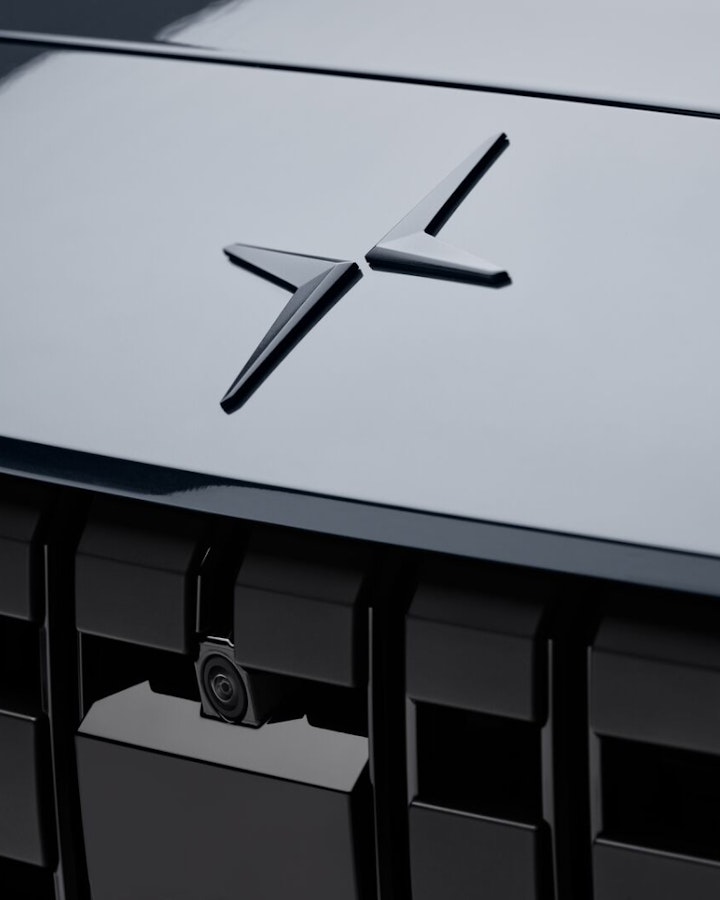 Close-up on the front of the Polestar 2 from above showing front light