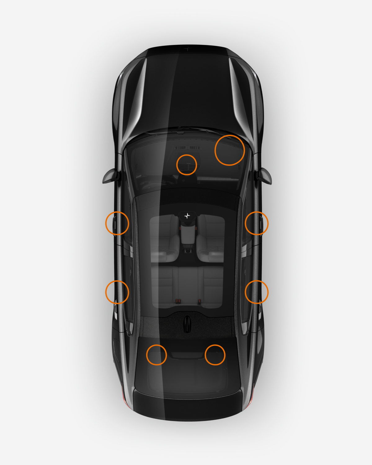 Polestar 2 from above demonstrates with red circles the way the bass works