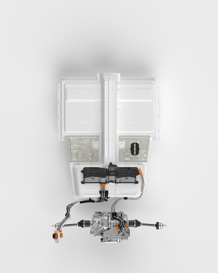 Powertrain shown from above on white background with just one axle