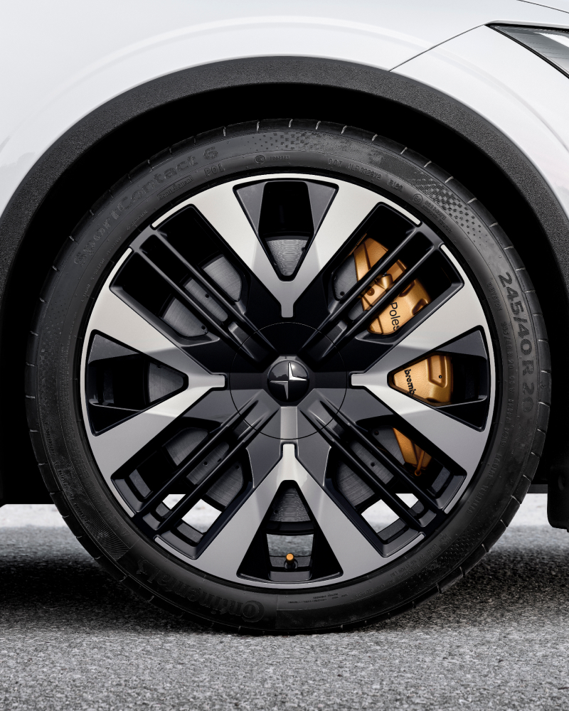 Close-up on a wheel on a white Polestar.