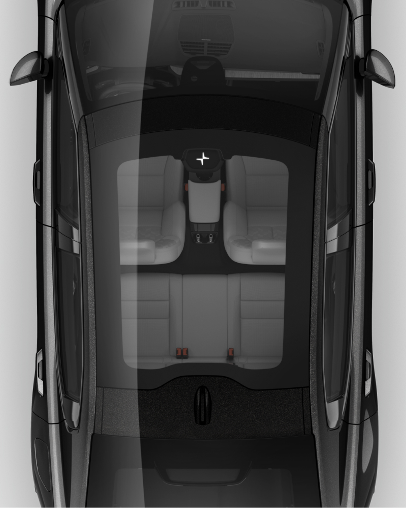 A black Polestar 2 is shown from above showing the panoramic roof